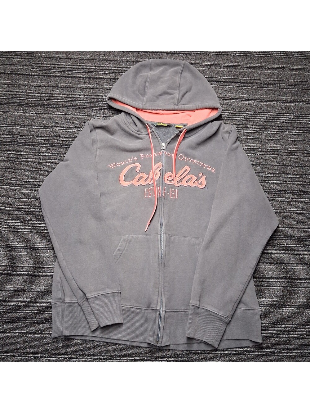 Cabelas Womens Large Gray Coral Full Zip Hoodie Sweatshirt Outdoor Logo